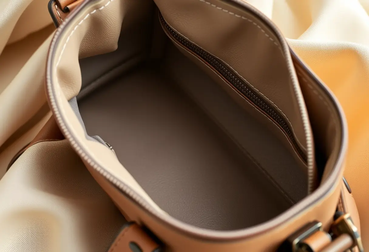 Intérieur douillet d'un sac à main avec coutures fines et fermeture éclair métallique