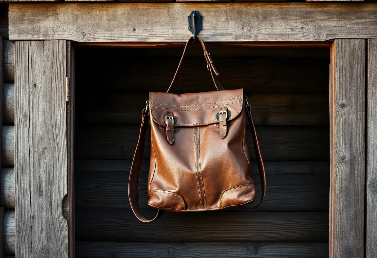 Sac bandoulière ancien suspendu sur patère dans cabane en bois, mettant en valeur texture usée et charme rustique